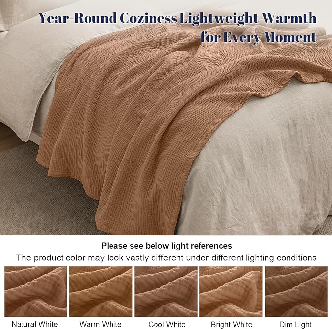 PHF 100% Cotton Muslin Blanket Twin XL Size 66"x90", 4-Layer Lightweight Gauze Throw, Breathable Cloud-Soft Minimalist Blanket for Bed, Couch, Camping & Baby, Clay, Ideal Gift