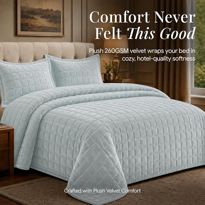 Tribeca Living Luxury Velvet Quilt Twin Size Set - 260GSM Ultra-Soft Oversized Velvet Bedspread Comforter Set with 1 Sham, in Florence Haze Blue