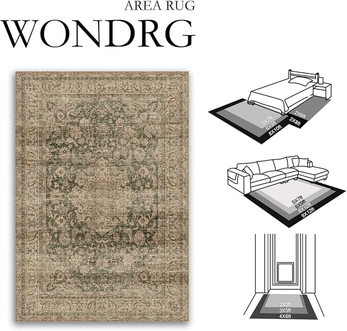 2x10 Washable Runner Rug Green Brown Vintage Non Slip Soft Low Pile Hallway Kitchen Rug Distressed Oriental Carpet for Laundry Bathroom Bedroom Living Room Home Decor
