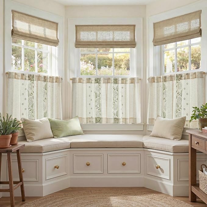 jinchan Winslow Linen Kitchen Curtains 24 Inch Length Small Window Curtains Embroidered Bordered Floral Drapes Light Filtering for Bathroom Laundry Room Farmhouse Decor Green on Beige 2 Panels
