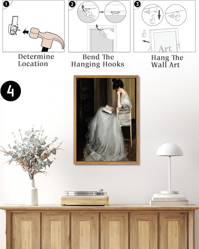 UPWOIGH The Reader Framed Portrait Wall Art, 16 x 24 Inch | Seated Woman Reading in a Flowing White Gown, Vintage Impressionist Style, Warm Wood Frame for Bedroom and Reading Nook