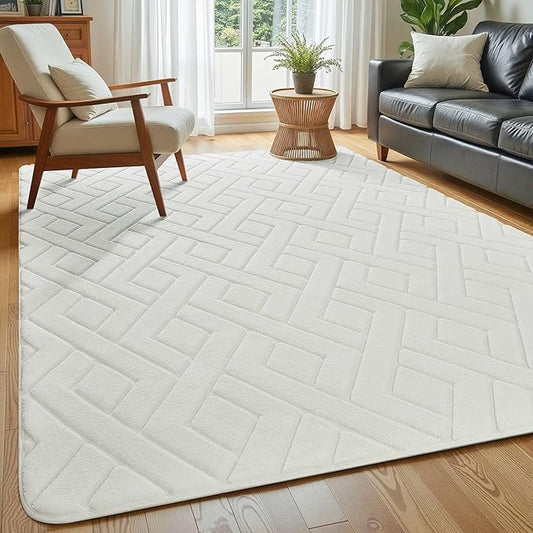 Macgace Ultra Soft Cream White Area Rug for Living Room, 6x9 Modern Geometric Shag Rugs with Nonslip Backing for Bedroom, Washable Fuzzy Carpet for Cozy Kids Girls Room Nursery