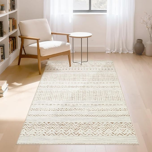 cotiled 3x5 Area Rug Living Room: Washable Boho Rugs with Non Slip Backing Small Soft Indoor Stain Resistant Carpet for Bedroom Farmhouse Dining Room Lightweight Home Decor Brown/Cream