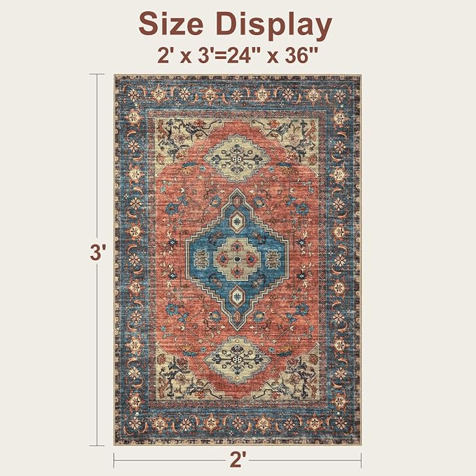 Tangsoo Oriental Washable Entryway Rugs Terracotta 2x3 Non Slip Small Area Rug, Vintage Indoor Front Door Rug, Print Door Mat Indoor Entrance Soft Low Pile Throw Rug for Entry Kitchen Bedroom