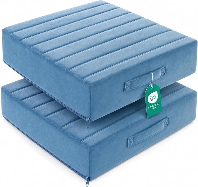 Codi High Density Foam Floor Pillow 2 Sets, Large Meditation Cushions Seating for Adults and Yoga Sitting, Washable Thick Couch Cushion with Soft Tufted Covers - 22 inch Blue