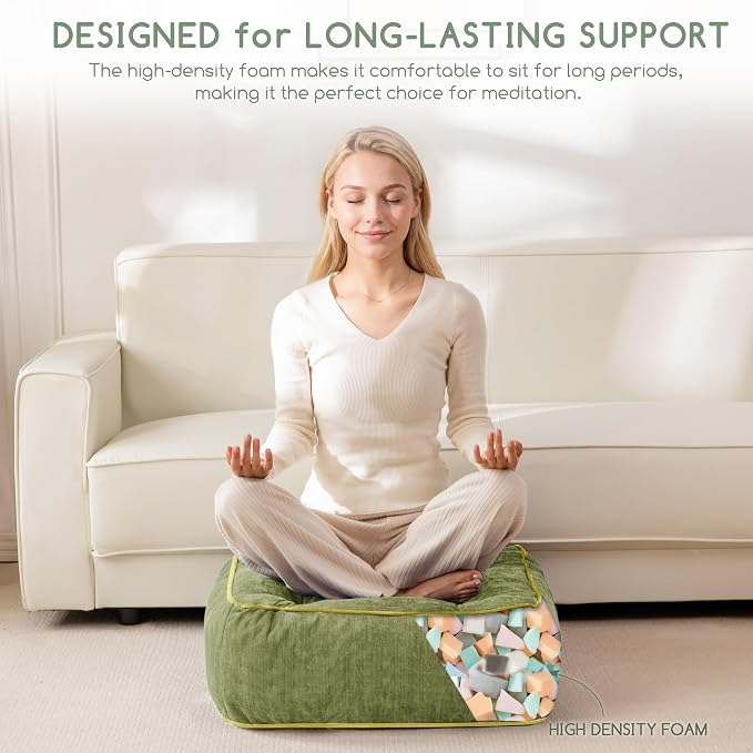 HIGOGOGO 8" Extra Thick Floor Pillow Cushion for Adults, Meditation Cushion Pillow with Handle, Lustrous Chenille Tufted, Square Floor Sitting for Tatami Living Room or Yoga, 22x22 Inch, Green
