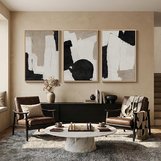 Large Framed Abstract Neutral Wall Art for Living Room, 3 Piece Black and White Beige Modern Canvas Prints Artwork for Walls, Minimalist Mid Century Painting Wall Decor Hallway Dining Room, 24x36 Inch