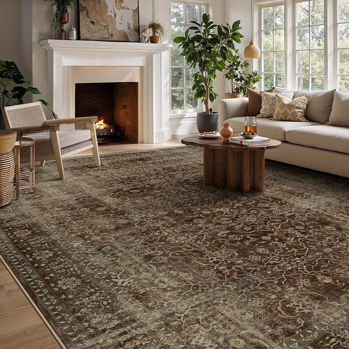 8x10 Dark Brown Rugs for Living Room, Vintage Distressed Aesthetic Large Rug for Bedroom Under Bed, Washable Non Slip Low Pile Carpet Rugs for Dining Room Home Office, Earth Tone Coffee Brown