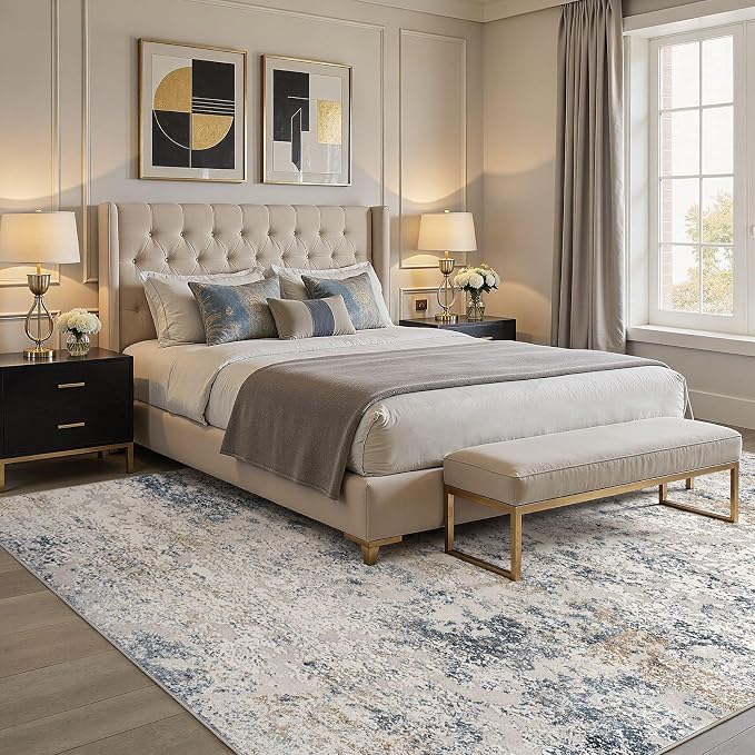 DMOYEST Area Rug Living Room Rugs - 7x9 Large Soft Indoor Neutral Modern Abstract Low Pile Washable Rug Carpet for Bedroom Dining Room Farmhouse Home Office - Beige Blue