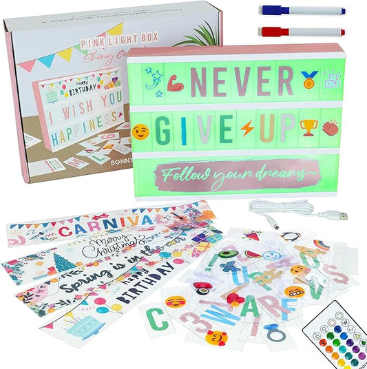 BONNYCO Cinema Light Box A4 Rose Gold 16 Colors with 400 Letters and Emojis, 10 Premium Cards, Remote Control and 2 Markers. Led Light Up Sign, Novelty Gifts for Women. Gifts for Girls Christmas