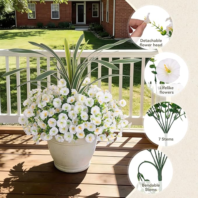 INXUGAO Artificial Flowers for Spring Outdoors Fake Plants Outside, 12 Bundles Silk Morning Glory with Eucalyptus UV Resistant Realistic Faux Flowers for Porch Planter Garden Patio Decor (White)
