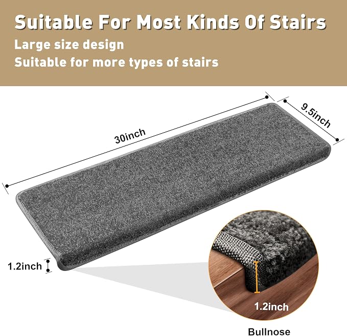 PURE ERA Bullnose Carpet Stair Treads Set Tape Free Non-Slip Indoor Stair Protectors Pet Friendly Rugs Covers Soft Skid Resistant Washable Reusable 9.5" x 30"(7 Pieces,Dark Gray)