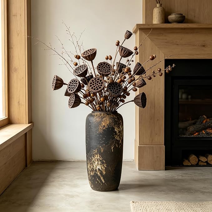 Black Rustic Ceramic Tall Floor Vase, 15.7 Inch Vintage Large Farmhouse Vase Pottery Clay Terracotta Rustic Vases for Home Decor Living Room Entryway Table Centerpieces,Kitchen,Housewarming Gifts