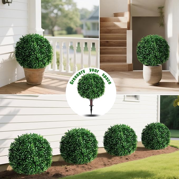 Yangrass Artificial Boxwood Topiary Ball Tree Set of 2, UV Resistant Artificial Outdoor Shrubs with Spike, Decorative Evergreen Fake Topiary Bushes Plant for Front Porch Garden