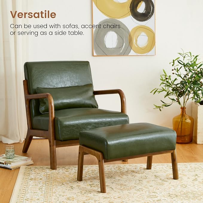 Glitzhome Foot Stool Ottoman, Modern Leatherette Sofa Stool Vanity Chair with Rubber Wood Frame, Footrest Ottoman Bench for Living Room, Entryway, Hunter Green