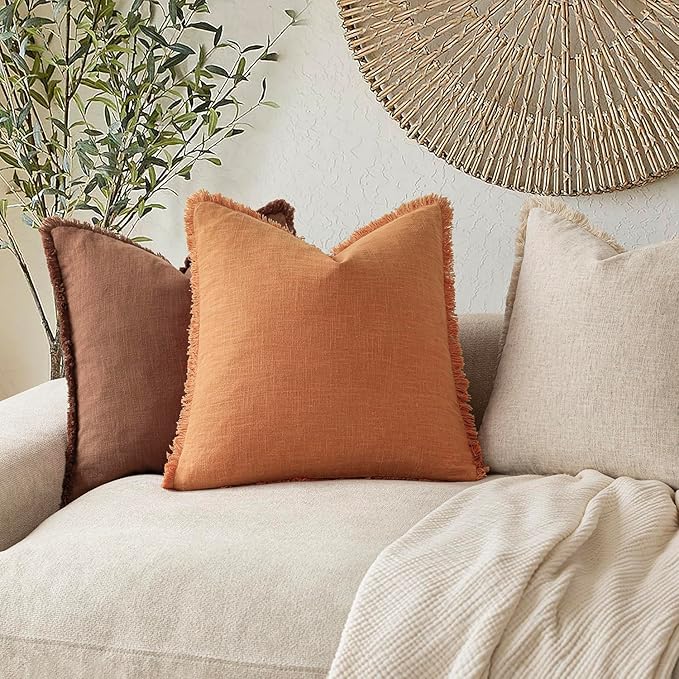 Foindtower Set of 2 Decorative Linen Fringe Throw Pillow Covers Cozy Boho Farmhouse Cushion Cover with Tassels Soft Accent Pillowcase for Couch Sofa Bed Living Room Home Decor,18×18 Inch,Dusty Orange