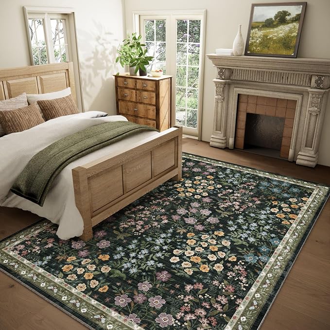 Washable Living Room Area Rug: 6x9 Area Rugs for Bedroom Vintage Stain Resistant Non Slip Low Pile Soft Lightweight Carpet Rugs for Kitchen Dining Room Farmhouse Kids Room Nursery