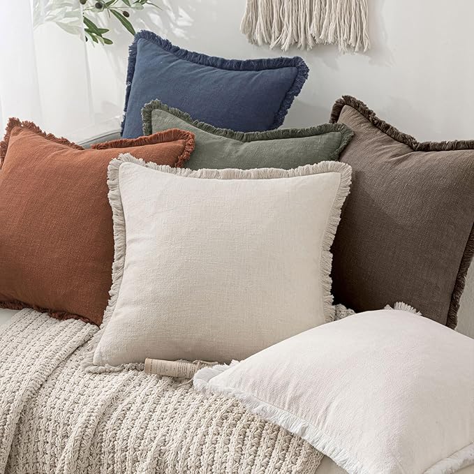 MIULEE Decorative Throw Pillow Covers Neutral Linen Fringe Throw Pillows Set of 2 Natural Coffee Boho Farmhouse Cushion Covers with Tassels for Couch Sofa Bed Living Room Spring Decor 20x20 Inch