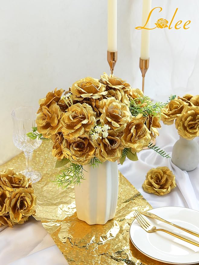 LELEE Rose Head Flowers with Stem - 108pcs Gold Rose Artificial Flowers Bulk - 3.1'' Silk Roses Fake Flower for Wedding Bouquet Party Home Decor DIY Baby Shower Centerpieces Tables Decoration