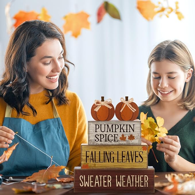 Lineshading 4 Pcs Thanksgiving Pumpkin Decor Fall Table Decoration Fall Tiered Tray Decor Thanksgiving Centerpiece Rustic Decorative Pumpkin Block Sign Gift Farmhouse Autumn Table Sign for Home