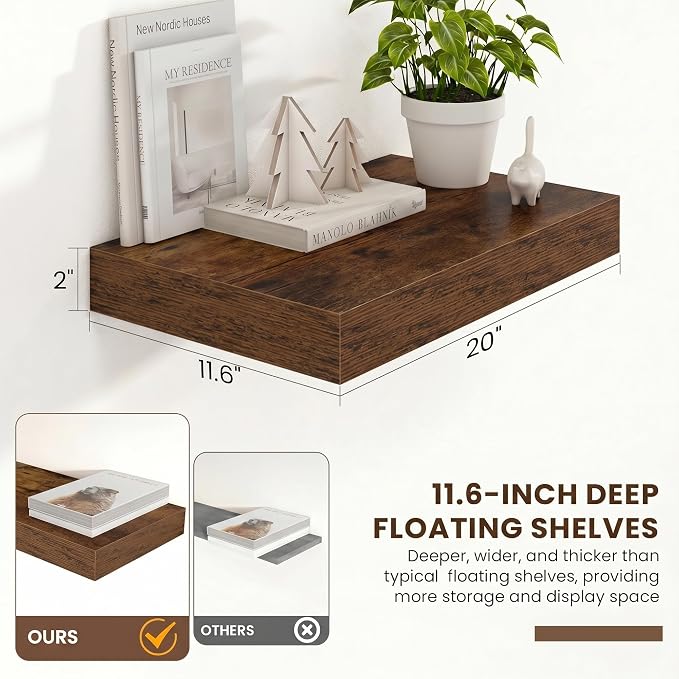 FLYJOE 20 Inch Floating Shelves, 12 Inch Deep Floating Shelves Set of 2, 20''W x 12''D Rustic Brown Wood Shelves for Wall, Bathroom Available, Engineered Wood, Mounting Hardware Included