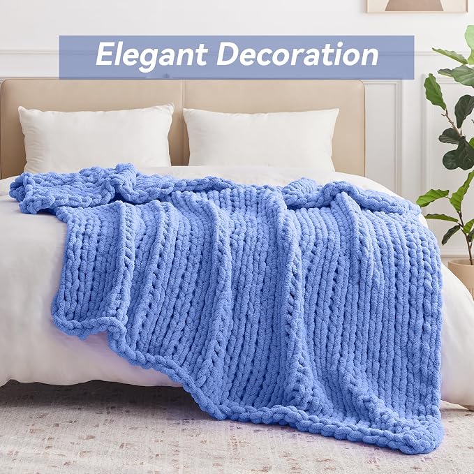 Negwoo Chunky Knit Throw Blanket, 40''*50'' Knitted Throw Chenille Yarn for Bed Couch, Handmade Light Blue Crochet Big Thick Blanket, Machine Washable Cute Comfy Blanket for Home Decor