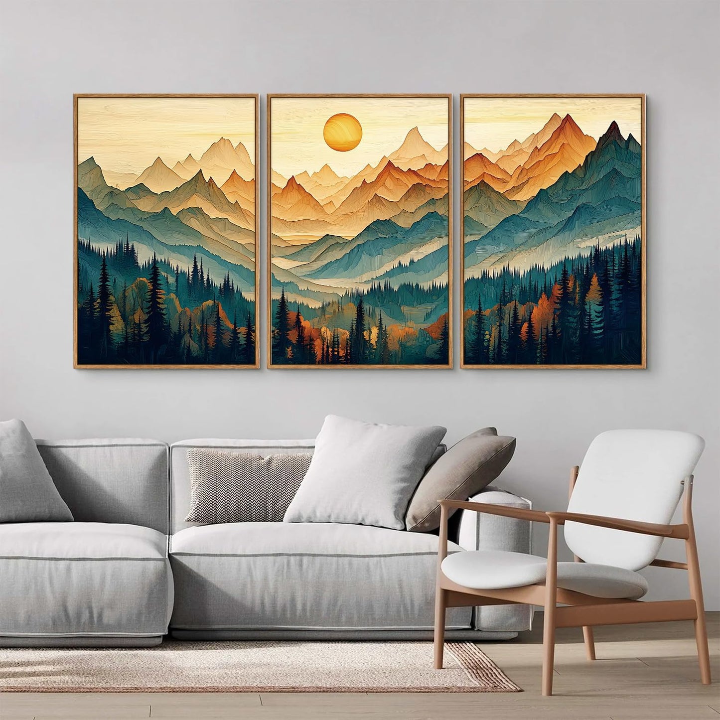 Tinonedraw Large Mountain Framed Canvas Wall Art Set of 3, Boho Nature Forest Wall Decor, Neutral Wooden Pine Trees Artwork, Sunrise Ridge Landscape Art Printing for Living Room Bedroom Office 16"x24"