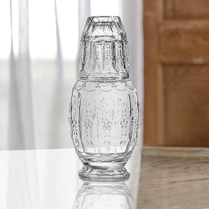 Elle Décor Vintage Bedside Water Carafe with Tumbler – Elegant Pitcher and Matching Drinking Glass Doubles As Lid For Guest Room, Office, or as a Gift, 4.7x10.4, Clear
