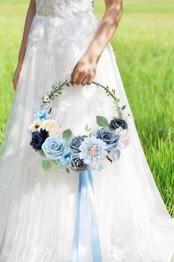 rongflower Blue Artificial Flowers Combo Box Set Silk Flowers Fake Rose for DIY Floral Arrangements Wedding Bouquets Centerpieces Baby Shower Party Home Decorations