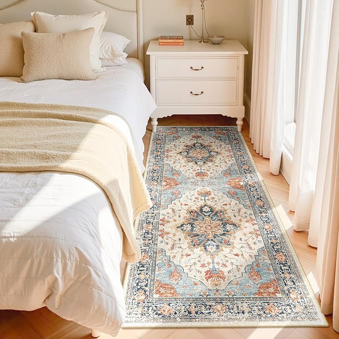 RELEANY Area Rugs 3'x7' Runner Rug Non Slip Washable for Kitchen Hallway Bedroom Beside Laundry Room Bathroom Rug, Floor Carpet, Beige Navy Blue Orange Colorful