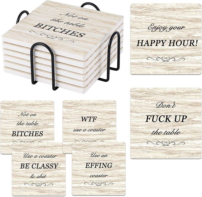 Funny Coasters for Drinks, Coasters Set of 6 Ceramic Coaster with Cork Base Coasters for Wooden Table Housewarming Gift New Home Apartment Kitchen House Decor Gift for Women Men