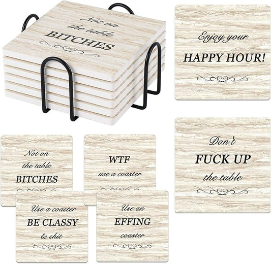 Funny Coasters for Drinks, Coasters Set of 6 Ceramic Coaster with Cork Base Coasters for Wooden Table Housewarming Gift New Home Apartment Kitchen House Decor Gift for Women Men
