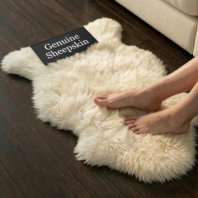 Premium Genuine Sheepskin Rug – Soft & Fluffy Single Pelt (2’ x 3’) Natural Ivory White Lambskin Area Rug for Bedroom, Living Room Or Chair Cover Sheepskin Throw – Made in Argentina