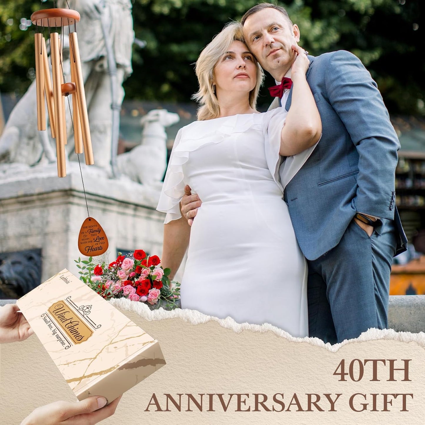 40th Wedding Anniversary Wind Chime, Happy 40th Anniversary Romantic Gifts for Couple, Parents, Wife, Husband, Friends, Ruby Anniversary's Keepsake Gifts Ideas, Large-36''