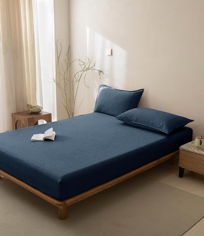 Talasily 100% French Linen Pillow Case Queen Size Set of 2,Oeko-TEX Certified Stone Washed Flax Pillow Shams with Envelope Closure - Breathable & Cooling for Hot Sleepers（Navy Blue,20''x30''）
