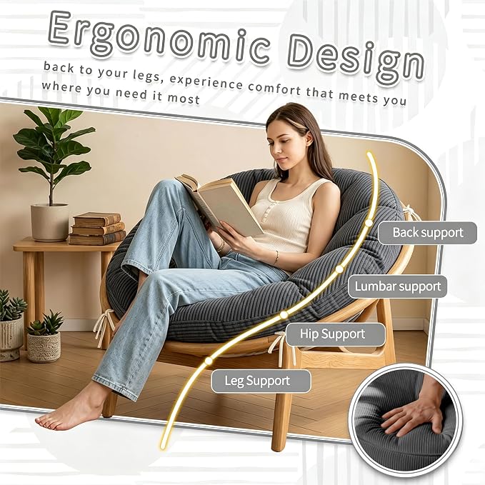 Papasan Breathable Round Chair Cushion (Without Chair) with Detachable Corduroy Cover,48 x 48 x 6 Inch Oversized Round Chair Pad Supportive Cushion, Overstuffed Chair Cushion,Memory Foam Filling,Grey