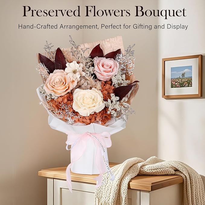 Preserved Bouquet of Flowers - Forever Flowers for Delivery, Real Eternal Roses, Mothers Day Gifts for Mom Grandma Wife, Anniversary Birthday Gifts for Women, Champagne