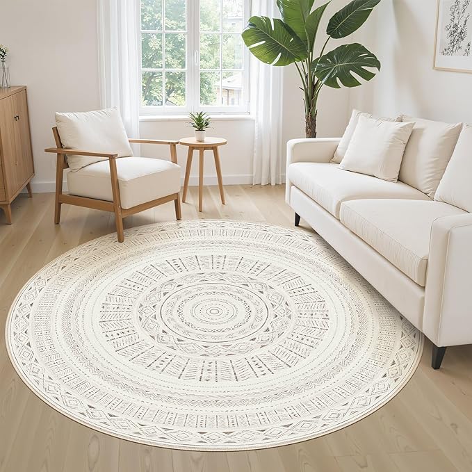 cotiled 5x5 Round Area Rug Living Room: Washable Boho Rugs with Non Slip Backing Large Soft Indoor Stain Resistant Carpet for Bedroom Farmhouse Dining Room Lightweight Home Decor L Brown/Cream