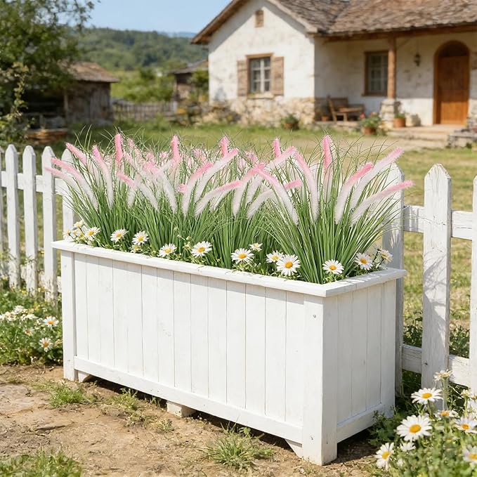 14PCS Artificial White Pink Tip Dog Tail Grass Onion Grass UV Resistant Outdoors Faux Shrubs Ornamental Wheat Grass Cattails Faux Bushes Home Decor for Outdoor Garden