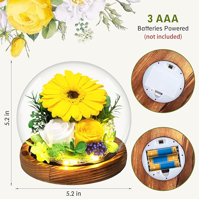 MOKOQI Sunflower Gifts for Women Mom Valentines Day Gifts for Her Preserved Real Flowers in Glass Dome with LED Strip, Forever Flowers Gifts for Wife Girlfriend Mom on Mother Day Birthday Christmas