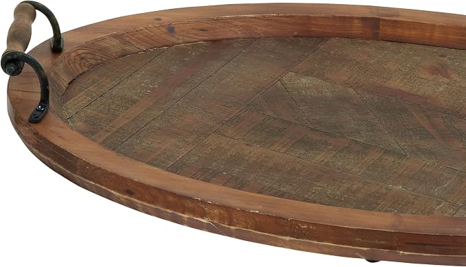 Deco 79 Wood Living Room Decor Tray Large Oval Ottoman Tray with Scroll Metal Handles, Serving Tray 29" x 19" x 4", Brown | Living Room Decor Large Oval Ottoman Tray With Scroll Metal Handles Serving Tray