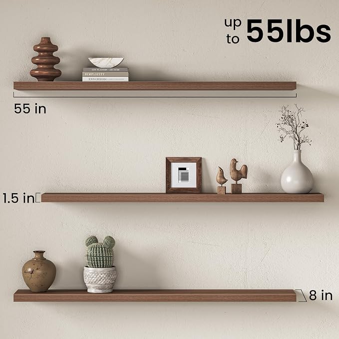 55" Floating Shelves for Wall, Set of 2, 8" Deep, 1.5" Thick, Walnut Finish | Rustic Wood Wall Shelves with Invisible Brackets, Storage and Display for Bathroom, Bedroom, Living Room or Kitchen