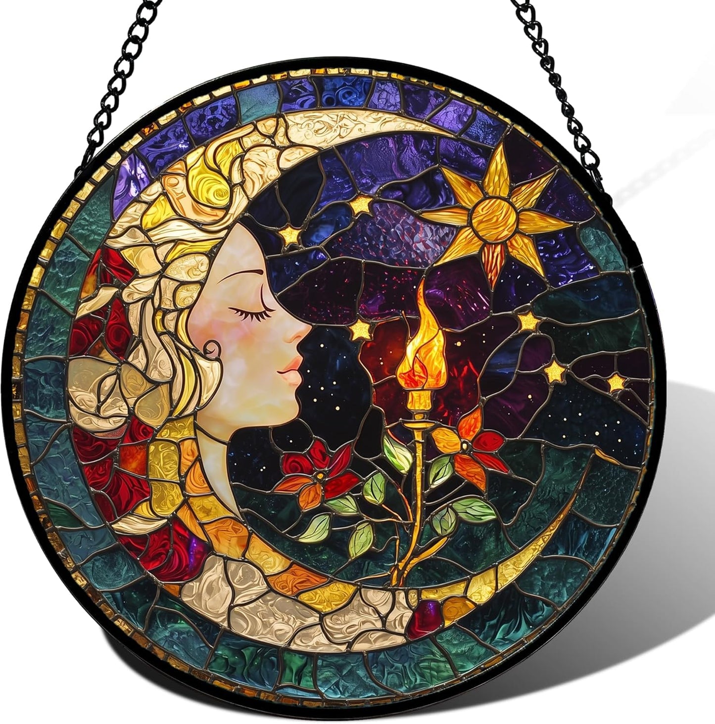 Stained Glass Window Hanging, Moon Goddess Torch Suncatcher Diamond Glass Panel Hangings Dream Sun Catchers Decor for Birthday for Women, Men, Wife, Aunt, and Mom 14.9x14.9 in