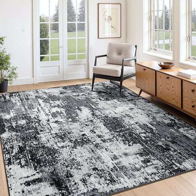 RELEANY Washable Area Rugs Square 7ft Non-Slip Modern Abstract Soft for Living Room Entryway Bedroom Nursery, Print Pattern, Black Navy Blue Gray
