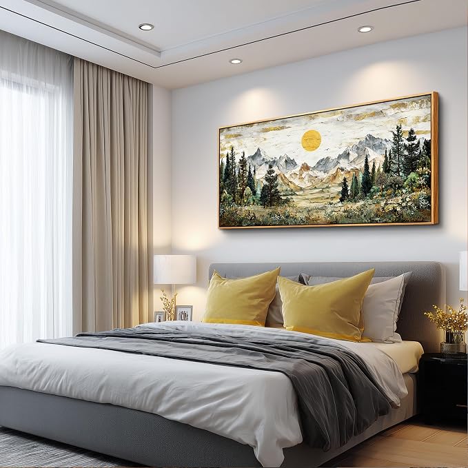 XIGUANGART Large Framed Canvas Print Wall Art,Wall Decor for Living Room,Mountain Pictures,Forest Wall Art,Modern Rustic Farmhouse Landscape Paintings for Bedroom Office Home Decoration, 20x40 IN