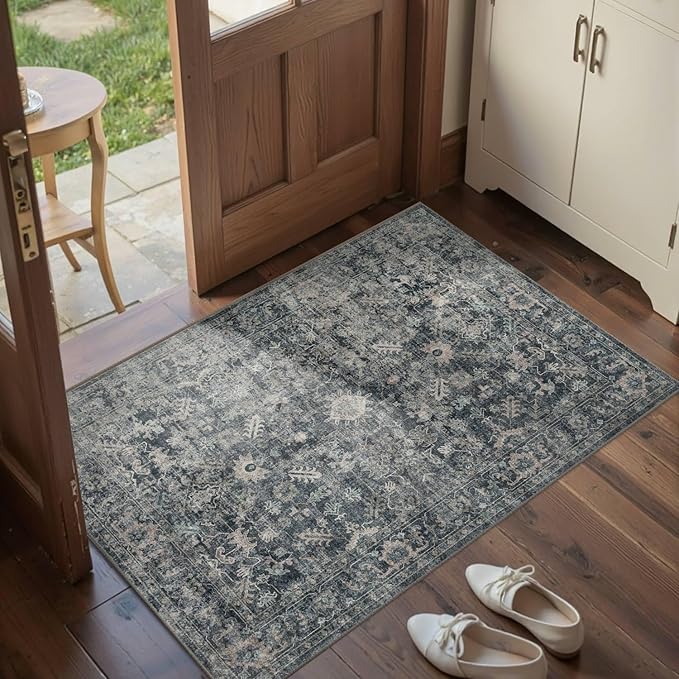 Rugxara Entryway Rug Door Mat, Washable Samll 2x3 Rug, Blue Boho Front Door Mat, Non Slip Area Rugs, Low Pile Throw Accent Entry Carpet for Indoor Entrance, Bathroom and Kitchen(Blue 2x3ft)