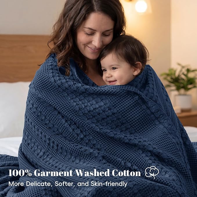 PHF 100% Cotton Waffle Blanket Twin Size for College Dorm, Lightweight Breathable and Soft for Summer, Luxury Aesthetic Waffle Weave Blanket for Bed & Gifts for Women, 66"x90", Blue Sapphire
