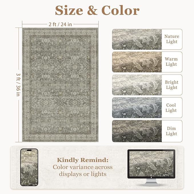 Modern Faromhouse Neutral Entryway Rug 2x3, Washable Non Slip Kitchen Bathroom Rugs, Transitional Small Rug for Bedroom Soft French, Low Pile Thin Door Mat Indoor Entrance, Gray/Beige/Olive