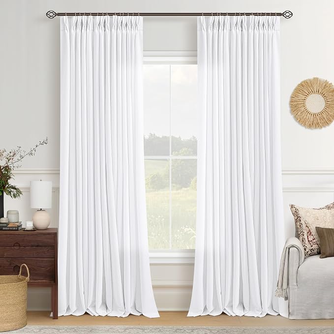 Pinch Pleated Curtains 105 Inches Long for Living Room 2 Panels Farmhouse Thick Linen Textured Snow White Pinch Pleat Drapes Hooks Back Tab Custom Memory Trained 105 Inch Curtain for Dining Bedroom