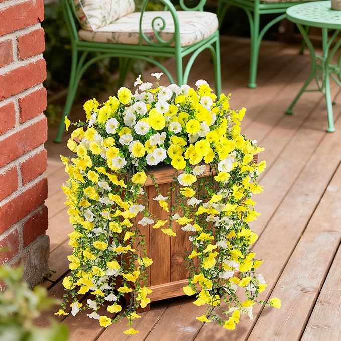 Fake Artificial Hanging Morning Glory Flowers for Outdoor Planters Porch Pation Decoration,8 Bundles UV Resistant Silk Faux Flowers with Realistic Eucalyptus Plants for Home Office Garden Decor
